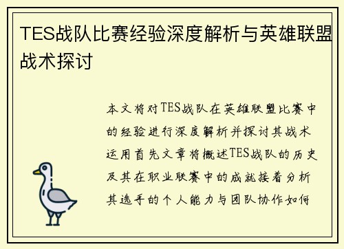 TES战队比赛经验深度解析与英雄联盟战术探讨